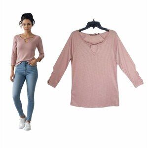 ⭐Harmony Sz S Basic Women Active top Coral Pink textured 3/4 sleeve Criss Cross